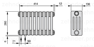 Схема (чертеж) Радиатор Zehnder Charleston 4026/9 №3370 Белый глянцевый RAL 9016